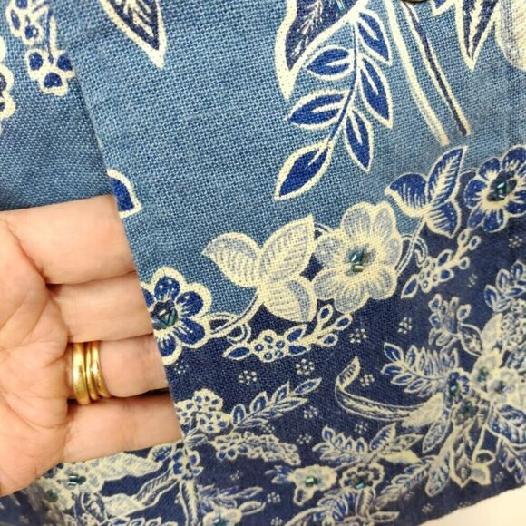Coldwater Creek Linen Blend Beaded Jacket Size Petite XS Blue Floral Beachy Boho - Picture 4 of 10
